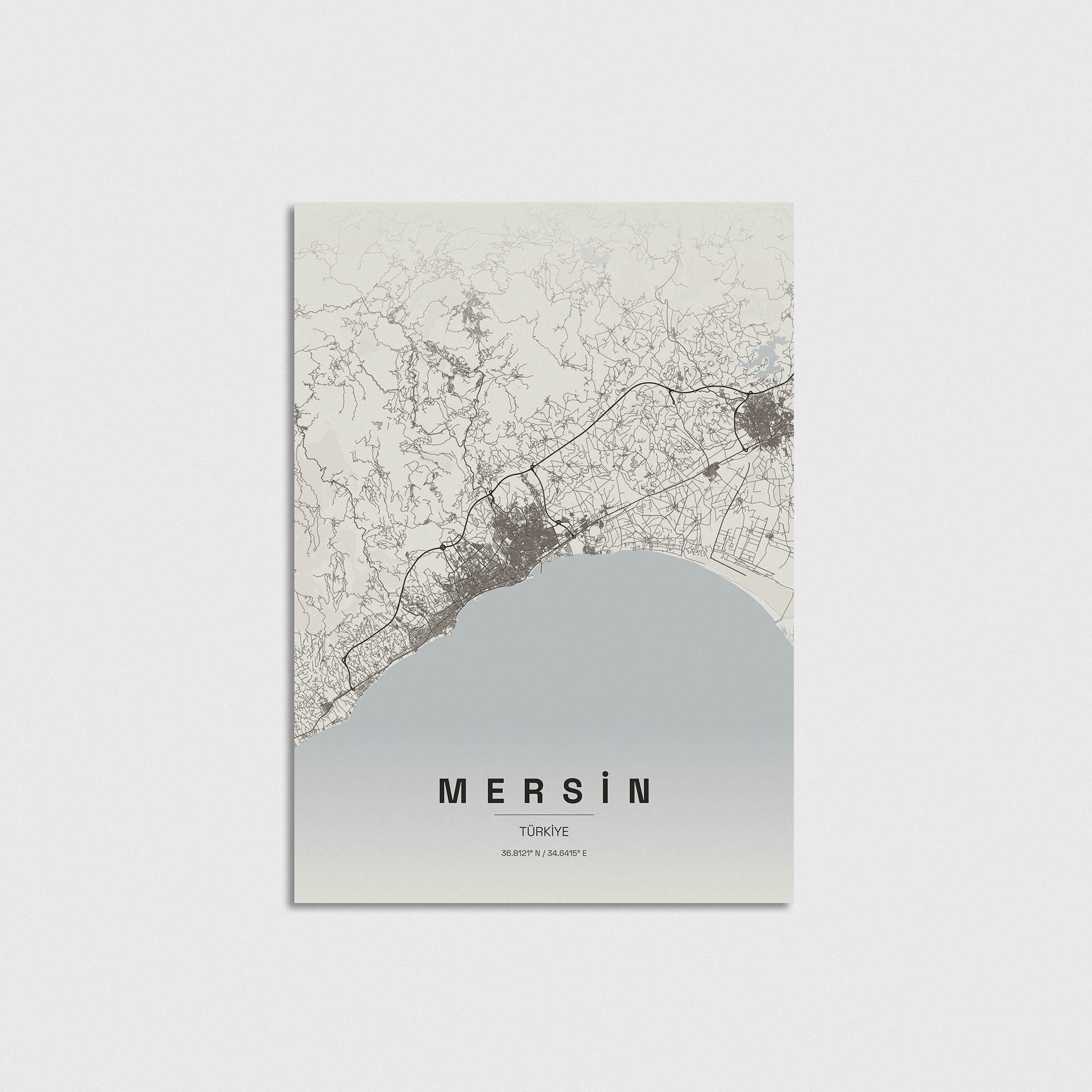 Mersin şehir haritası posteri, minimalist tasarım, modern ev dekorasyonu için şık duvar tablosu.