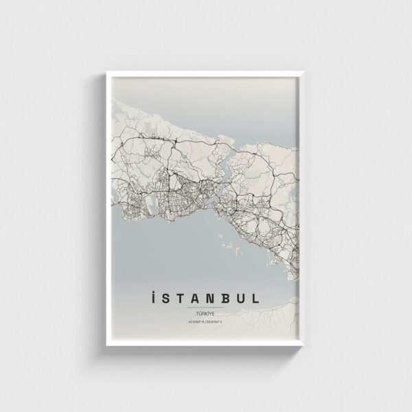 Beyaz çerçeveli modern İstanbul şehir haritası posteri, duvar dekorasyonu için şık tasarım.