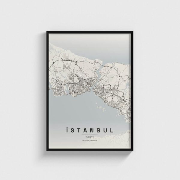 Siyah çerçeveli İstanbul şehir haritası posteri, modern dekoratif duvar tablosu.