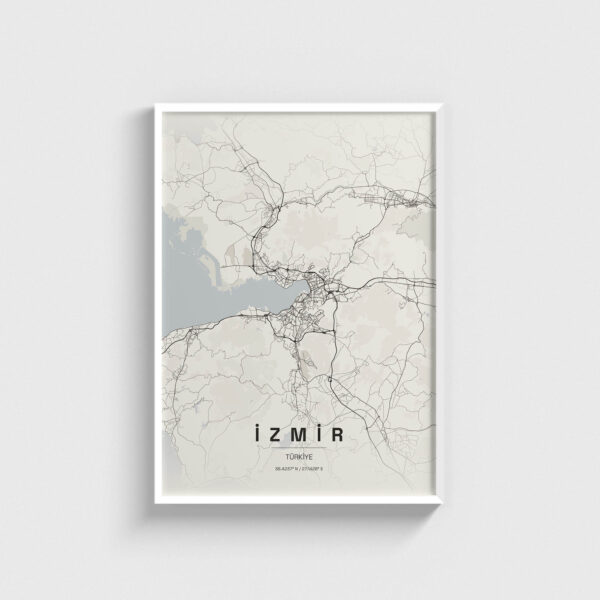 Beyaz çerçeveli modern İzmir şehir haritası posteri, minimalist duvar dekorasyonu.