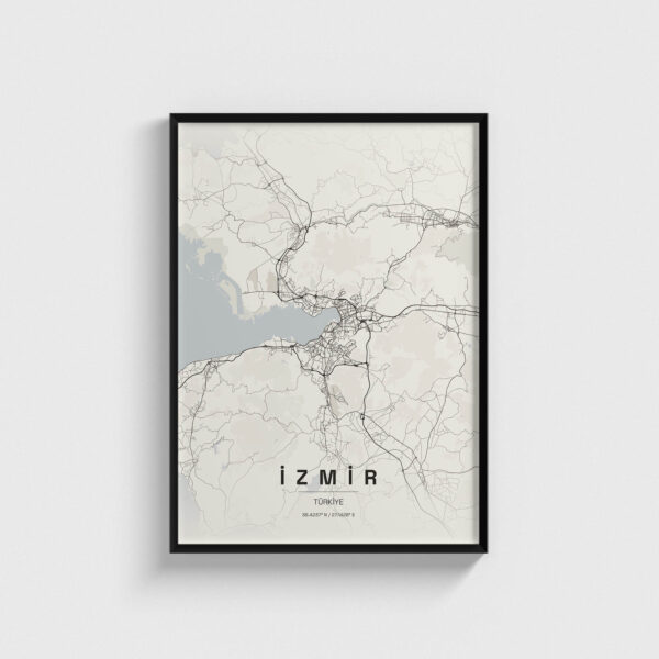 Siyah çerçeveli İzmir şehir haritası posteri, modern minimalist dekoratif duvar tablosu.