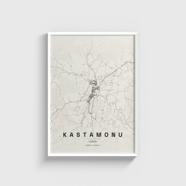 Beyaz çerçeveli Kastamonu şehir haritası posteri, minimalist duvar dekorasyonu.