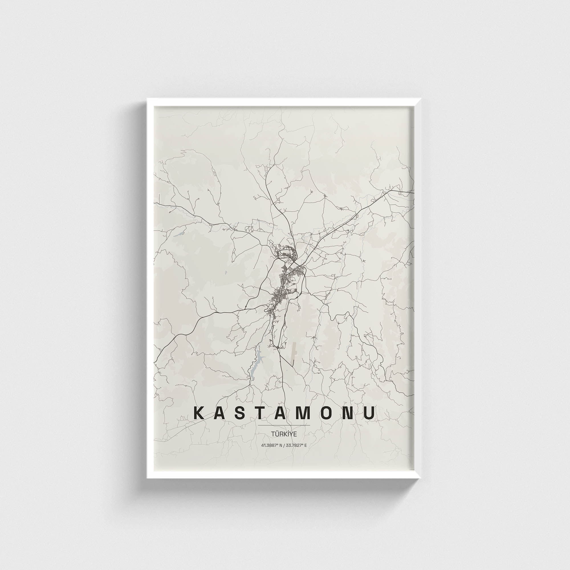 Beyaz çerçeveli Kastamonu şehir haritası posteri, minimalist duvar dekorasyonu.