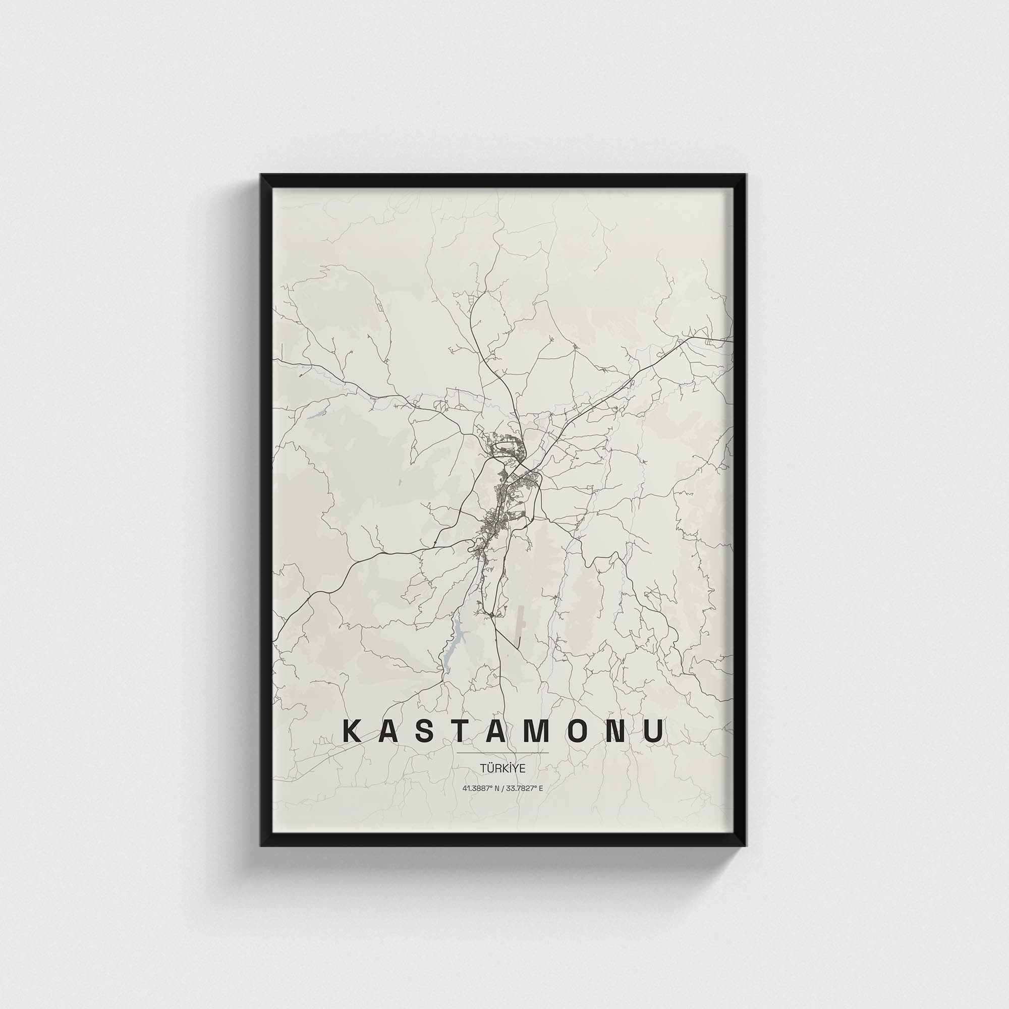 Kastamonu şehir haritası baskılı modern siyah çerçeveli tablo tasarımı.