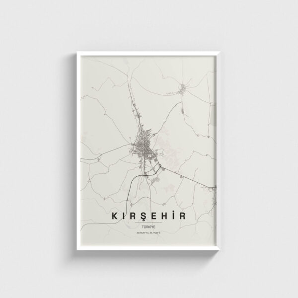 Beyaz çerçeveli, minimalist Kırşehir şehir haritası posteri, duvar dekorasyonu için şık ve modern tablo tasarımı.