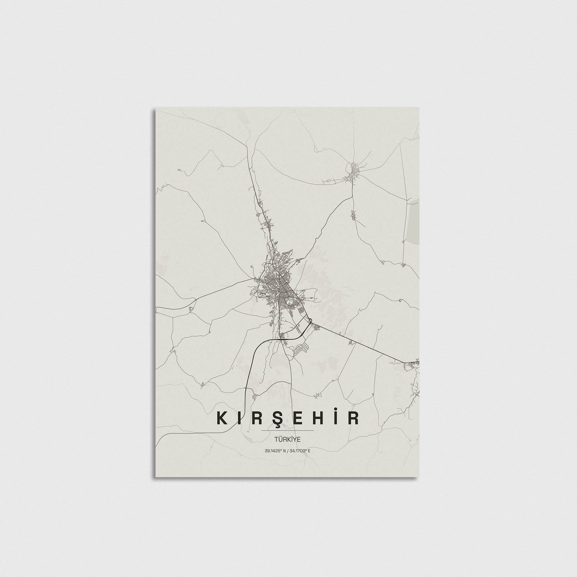 Kırşehir şehir haritası minimalist poster tasarımı, modern duvar dekorasyonu için şık ve sade harita tablosu.