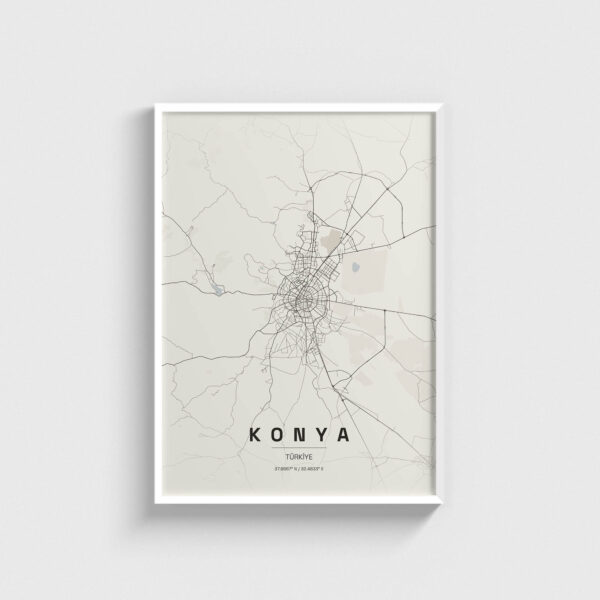 Beyaz çerçeveli Konya şehir haritası posteri, minimalist duvar dekorasyonu.