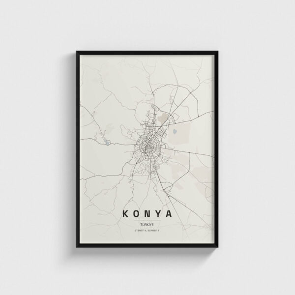 Siyah çerçeveli Konya şehir haritası posteri, minimalist duvar dekorasyonu.