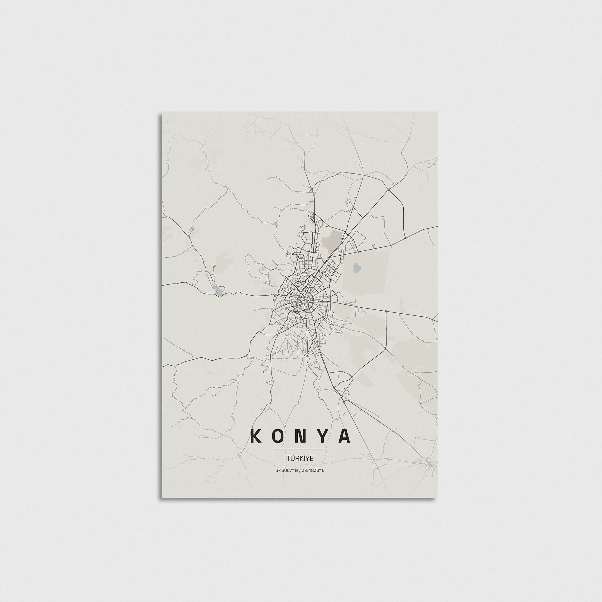 Minimalist Konya şehir haritası posteri, dekoratif duvar sanatı tasarımı.
