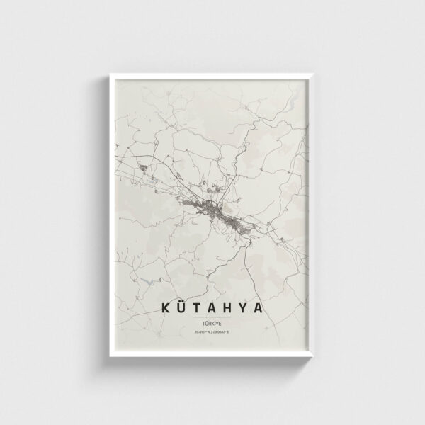 Beyaz çerçeveli Kütahya şehir haritası posteri, minimalist dekoratif duvar tablosu.