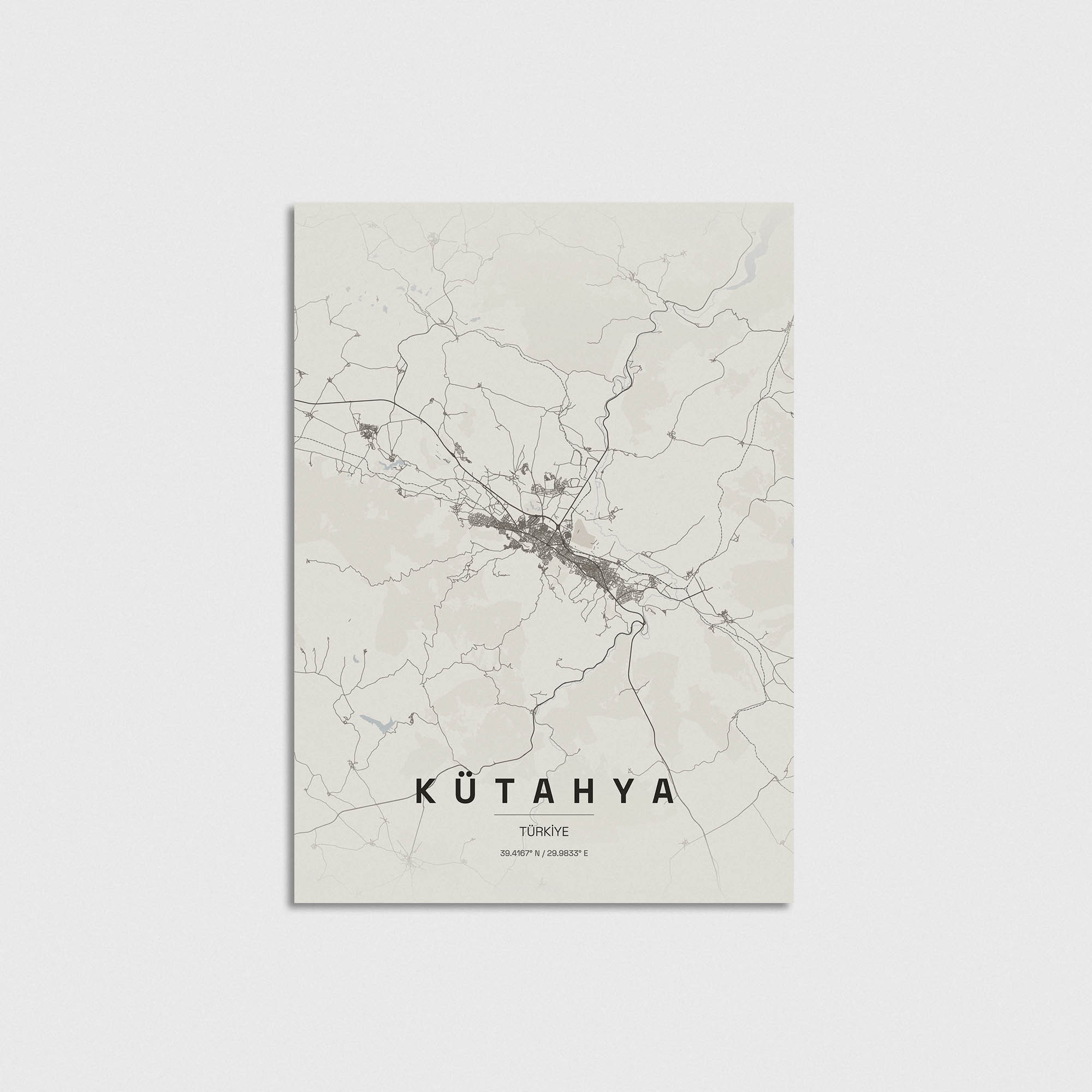 Kütahya şehir haritası minimalist poster tasarımı, modern duvar dekorasyonu.