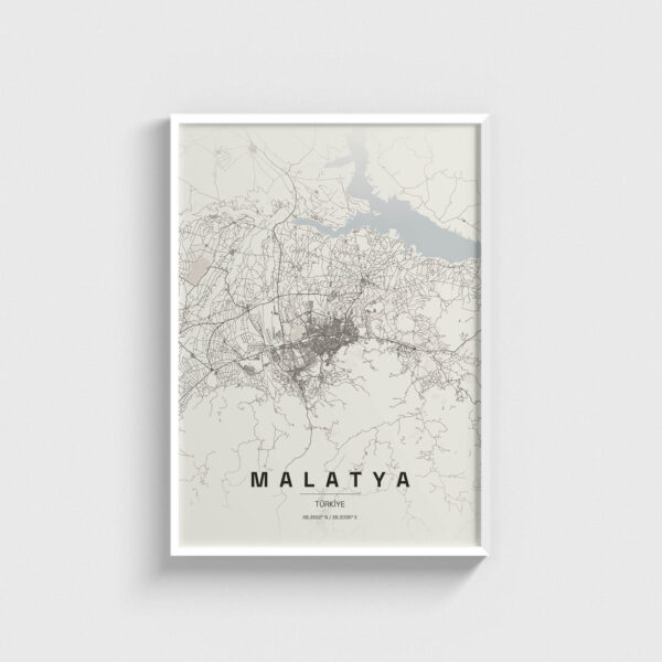 Beyaz çerçeveli Malatya şehir haritası posteri, minimalist duvar dekorasyonu.