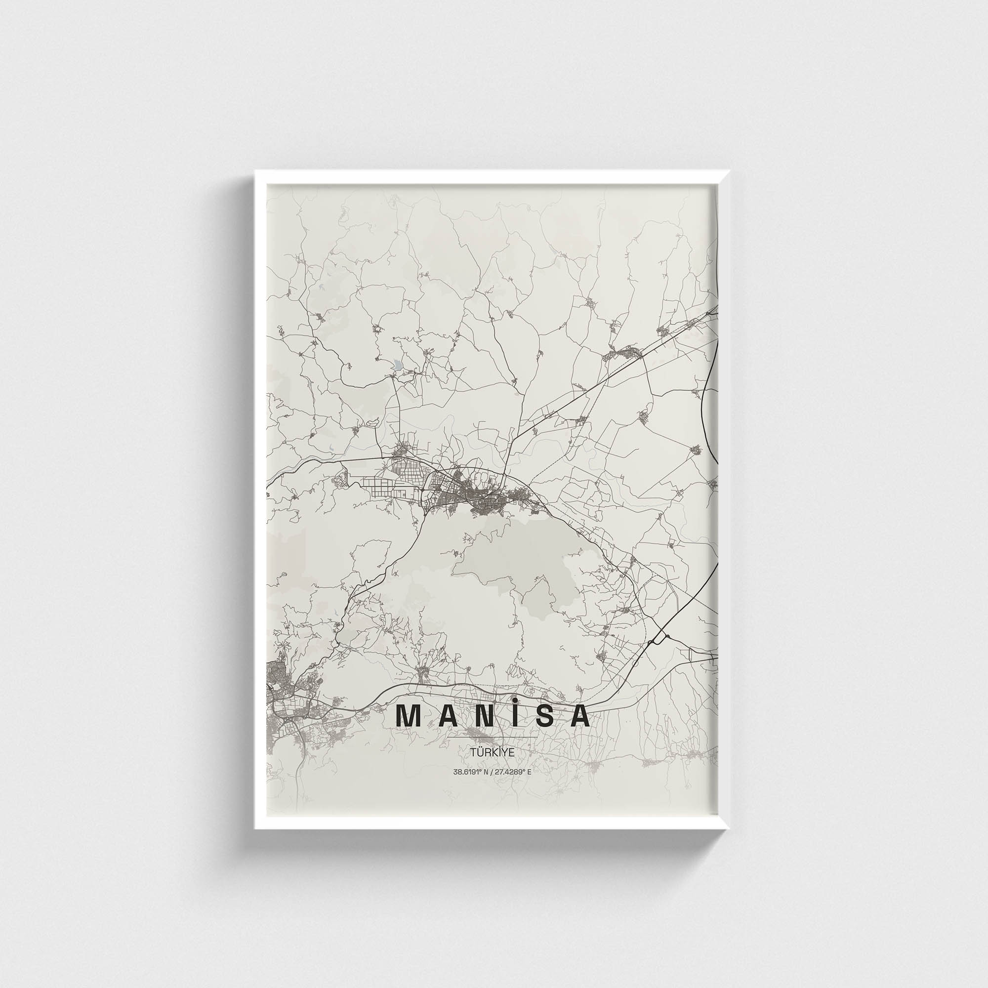 Beyaz çerçeveli Manisa şehir haritası posteri, minimalist duvar dekorasyonu.