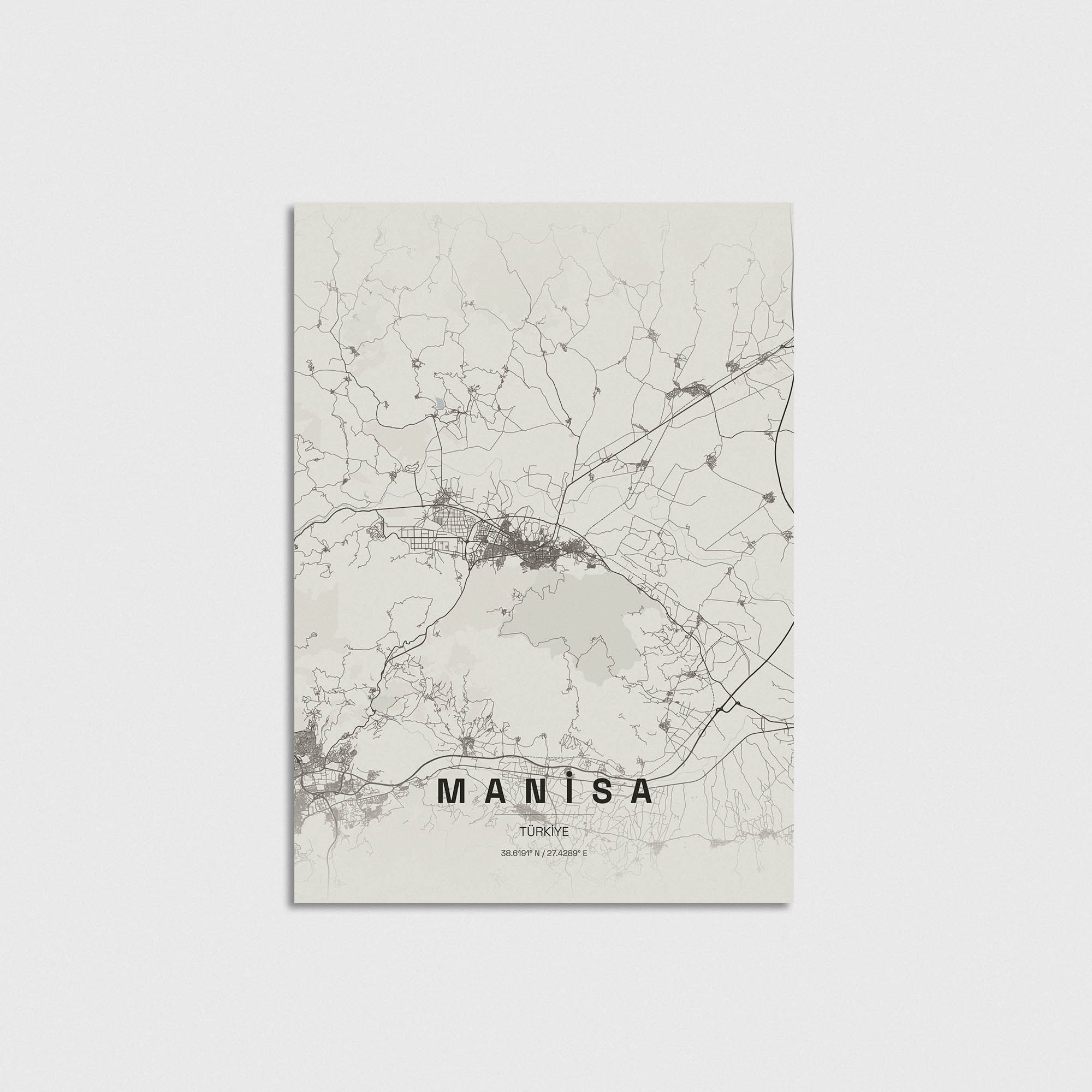 Manisa şehir haritası tasarımı, minimalist modern duvar dekoru, çerçevesiz poster baskı.