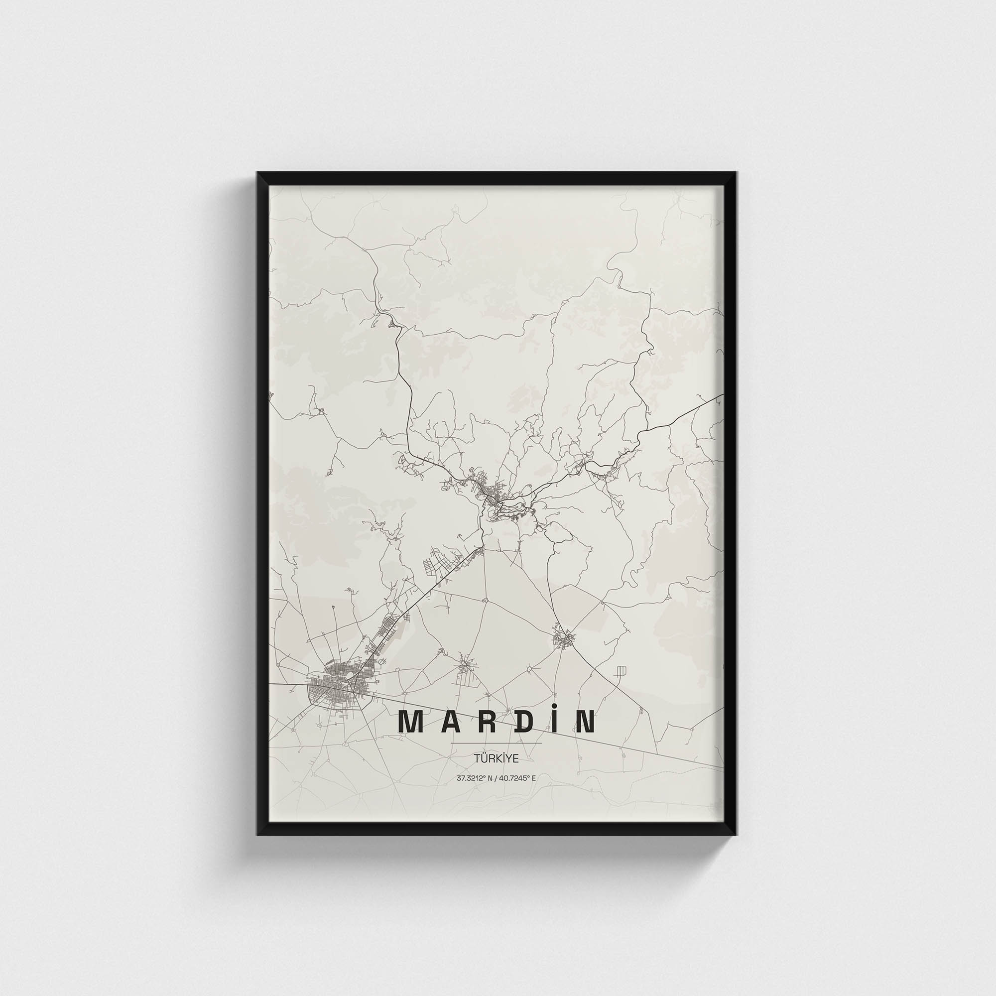 Mardin şehir haritası baskılı, siyah çerçeveli modern duvar tablosu.