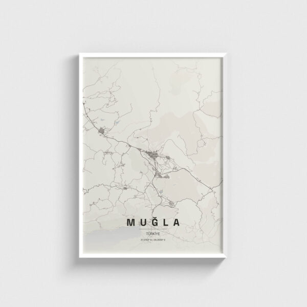 Beyaz çerçeveli Muğla şehir haritası posteri, minimalist duvar dekorasyonu.