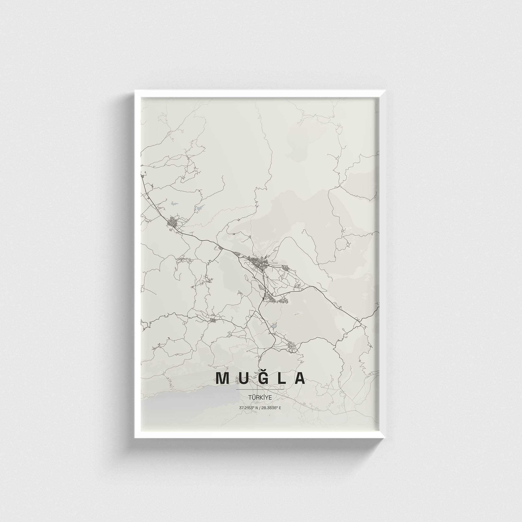 Beyaz çerçeveli Muğla şehir haritası posteri, minimalist duvar dekorasyonu.