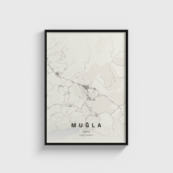 Muğla şehir haritası tasarımlı siyah çerçeveli modern duvar tablosu.