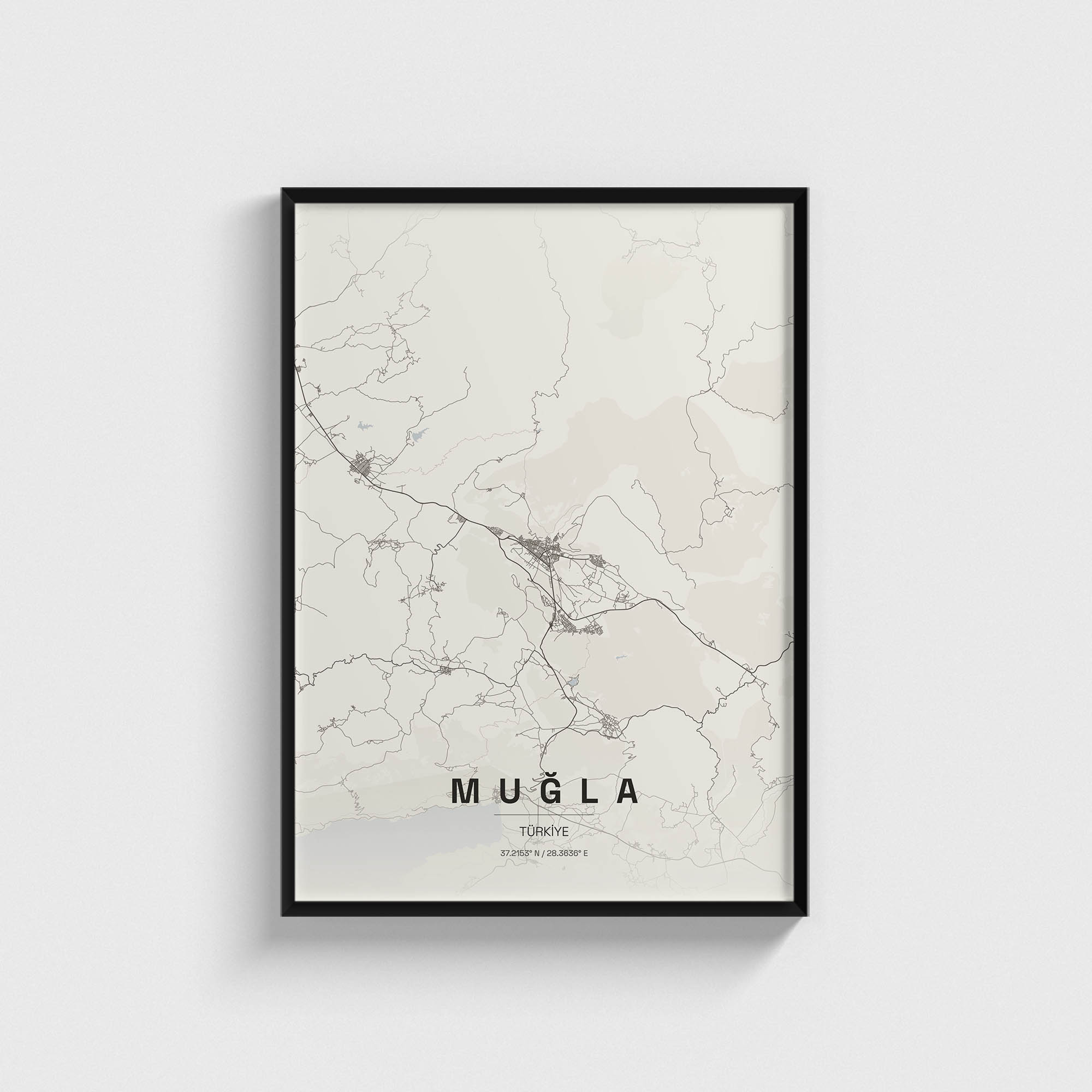 Muğla şehir haritası tasarımlı siyah çerçeveli modern duvar tablosu.