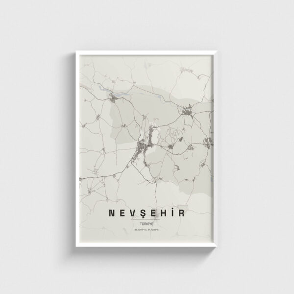 Beyaz çerçeveli Nevşehir şehir haritası posteri, minimalist duvar dekorasyonu.