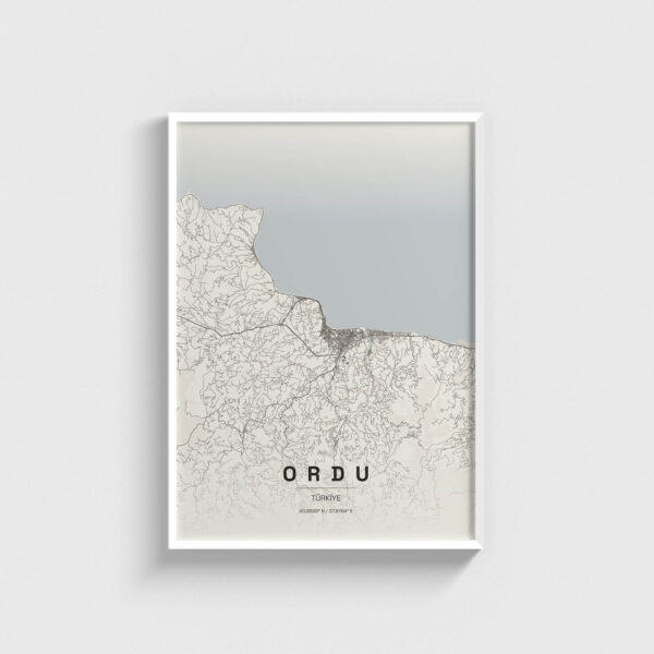 Beyaz çerçeveli Ordu şehir haritası posteri, minimalist duvar dekorasyonu.