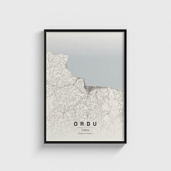 Siyah çerçeveli Ordu şehir haritası posteri, minimalist duvar dekorasyonu