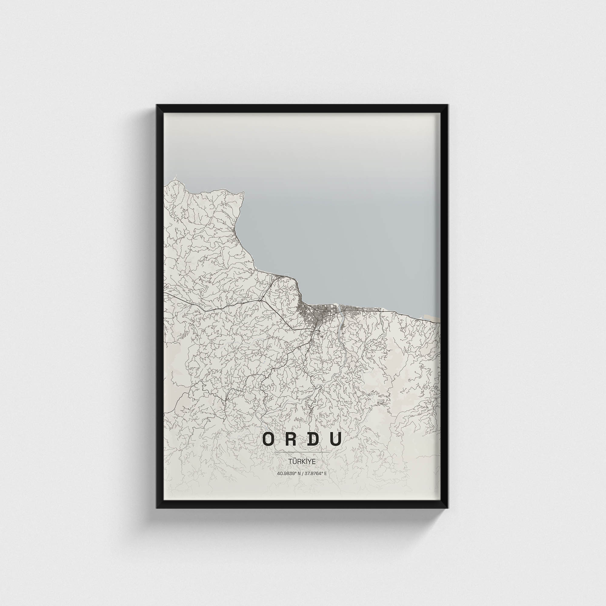 Siyah çerçeveli Ordu şehir haritası posteri, minimalist duvar dekorasyonu