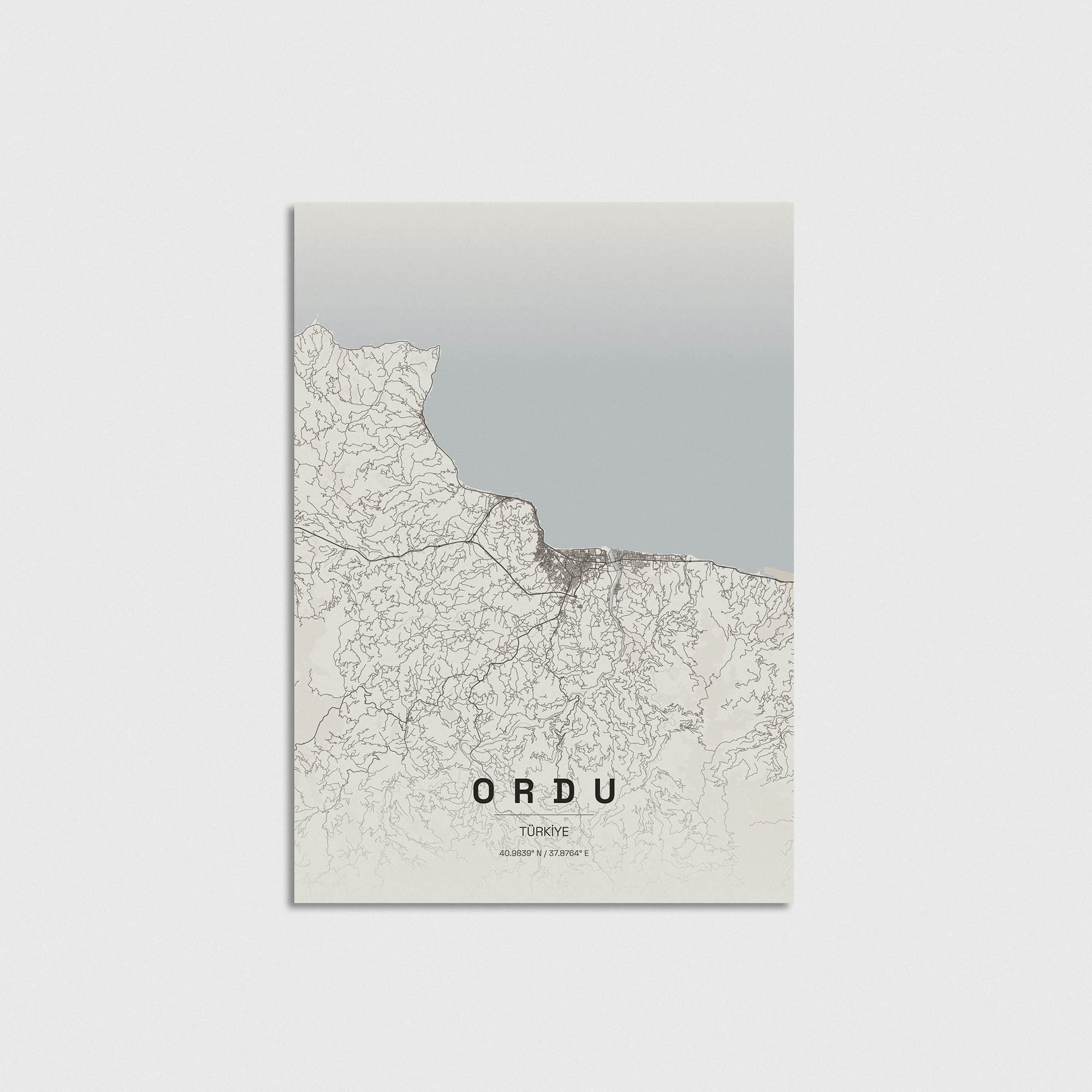 Minimalist tasarımlı Ordu şehir haritası posteri, modern duvar dekorasyonu için şık ve dekoratif tablo tasarımı.