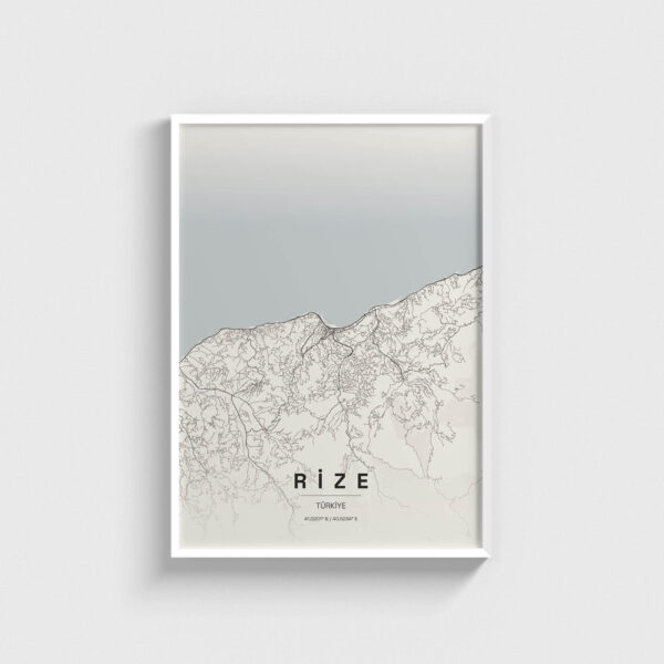Beyaz çerçeveli modern Rize şehir haritası posteri, minimalist duvar dekorasyonu.