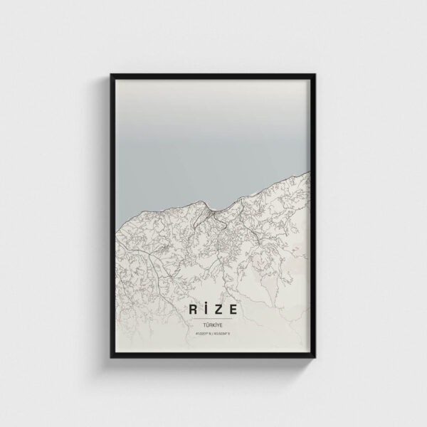 Siyah çerçeveli Rize şehir haritası posteri, modern minimalist dekoratif duvar tablosu.