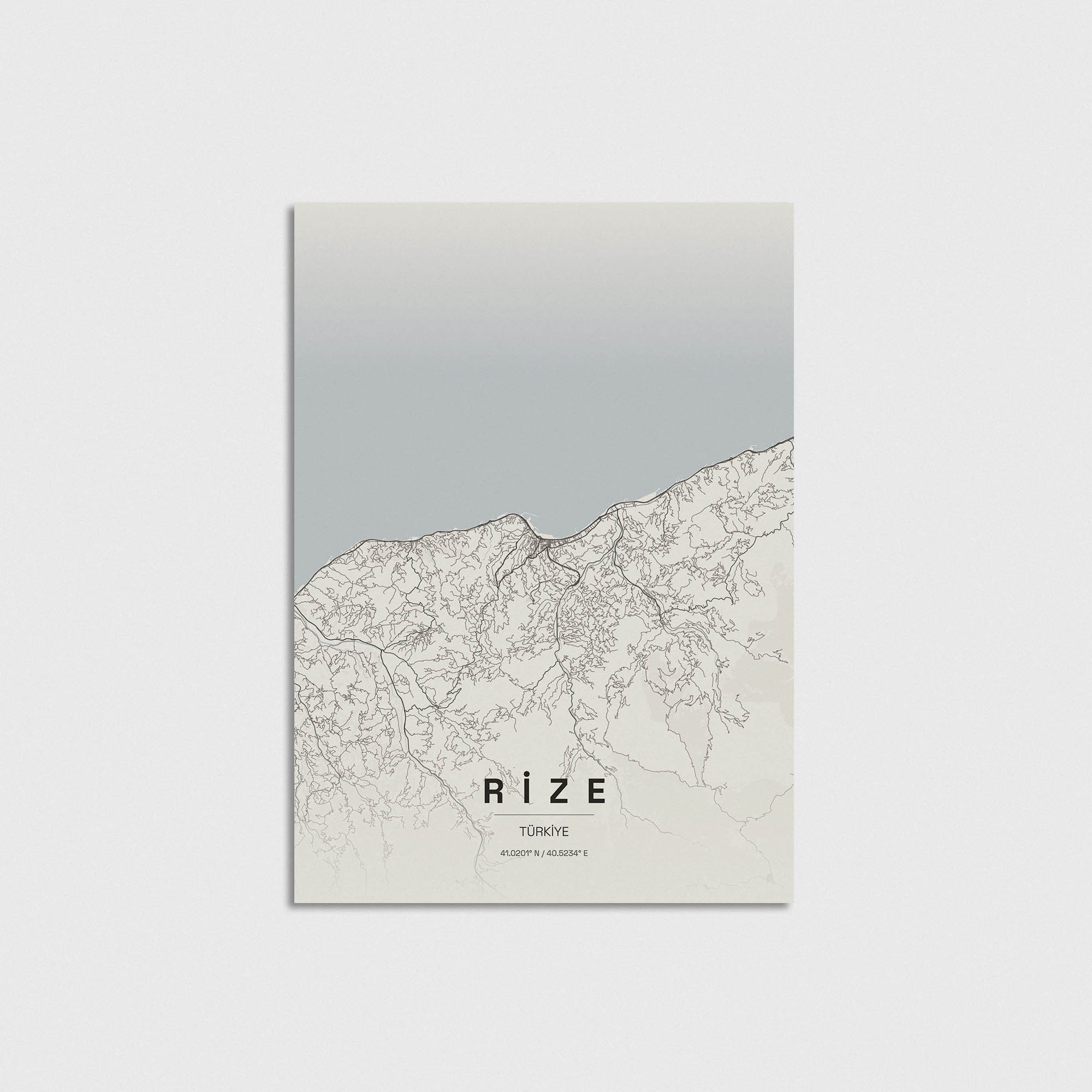Minimalist Rize şehir haritası posteri, modern duvar dekorasyonu için şık ve estetik tasarım.