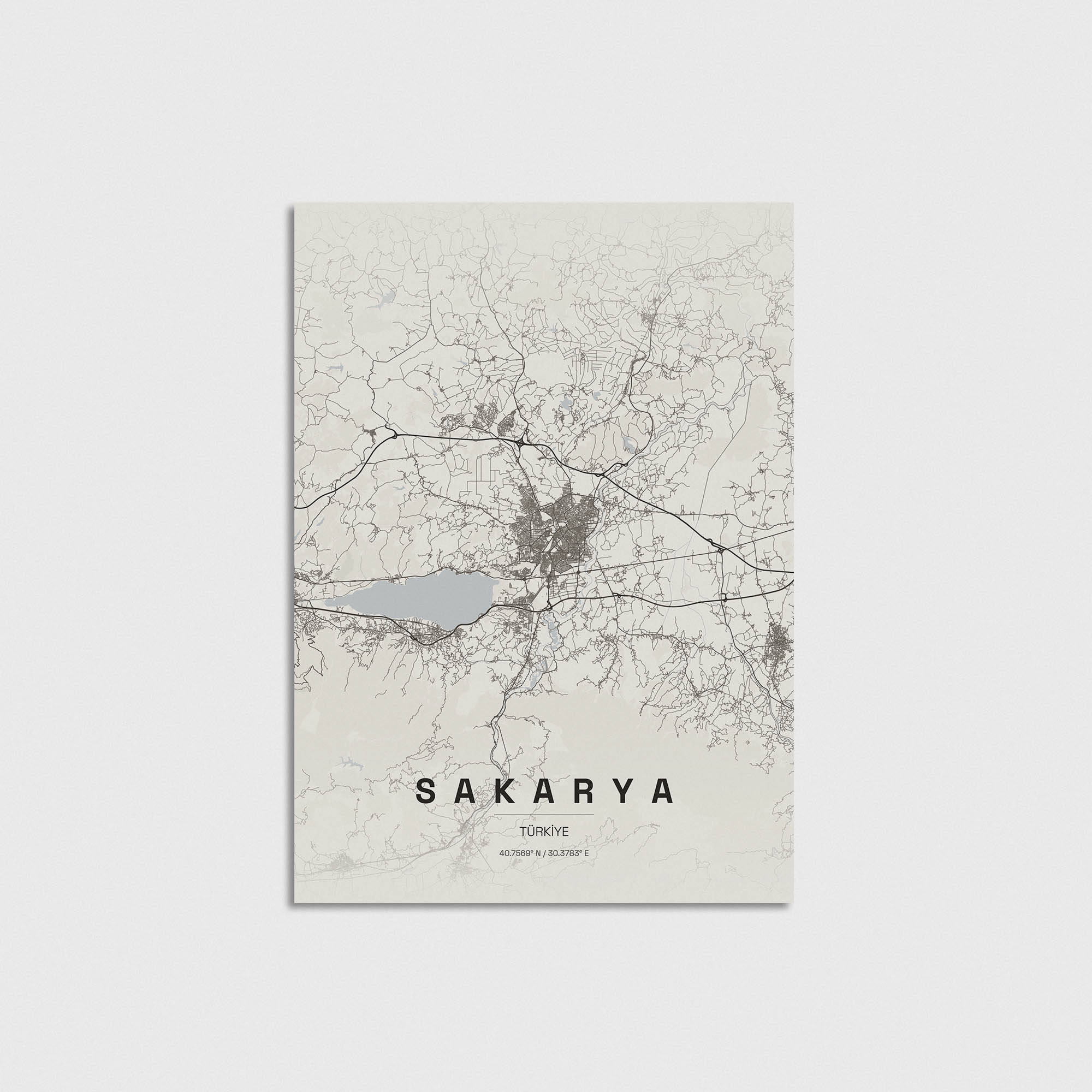 Minimalist Sakarya şehir haritası posteri, dekoratif duvar sanatı tasarımı.
