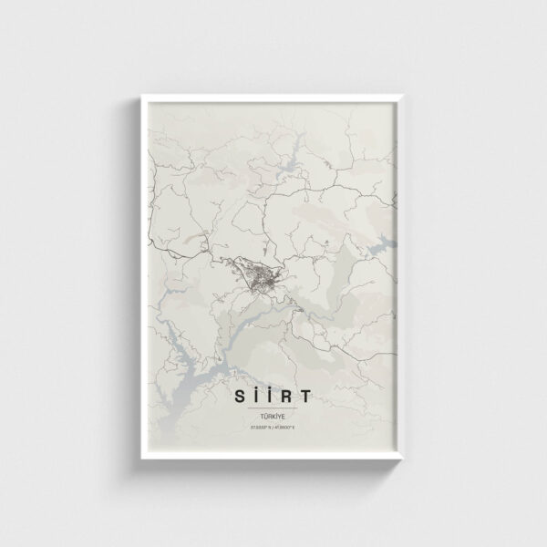 Beyaz çerçeveli Siirt şehir haritası posteri, minimalist duvar dekorasyonu.