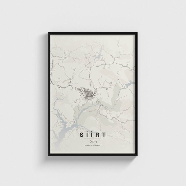 Siyah çerçeveli Siirt şehir haritası posteri, minimalist duvar dekorasyonu.