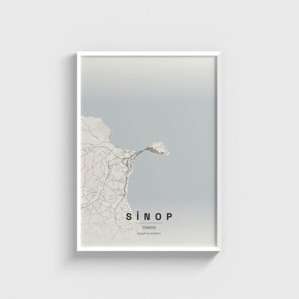 Beyaz çerçeveli Sinop şehir haritası posteri, modern minimalist duvar dekorasyonu.