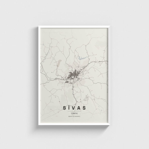Beyaz çerçeveli Sivas şehir haritası posteri, minimalist duvar dekorasyonu.