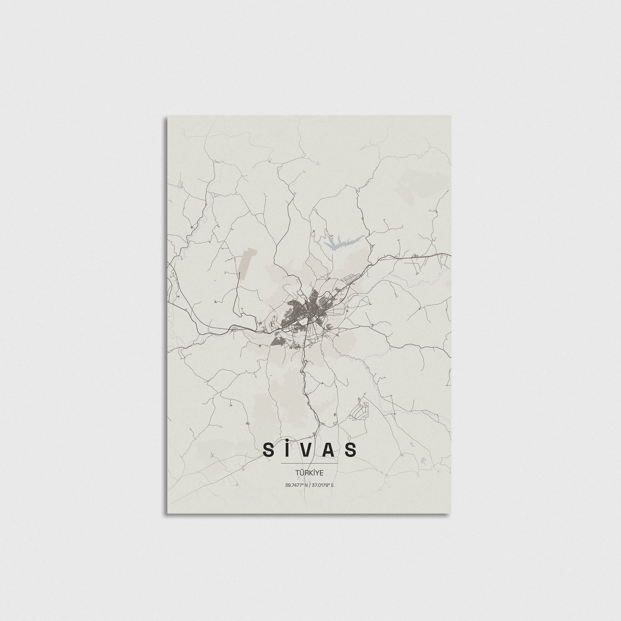 Sivas şehir haritası posteri, minimalist tasarım, modern duvar dekorasyonu için şık harita tablosu.
