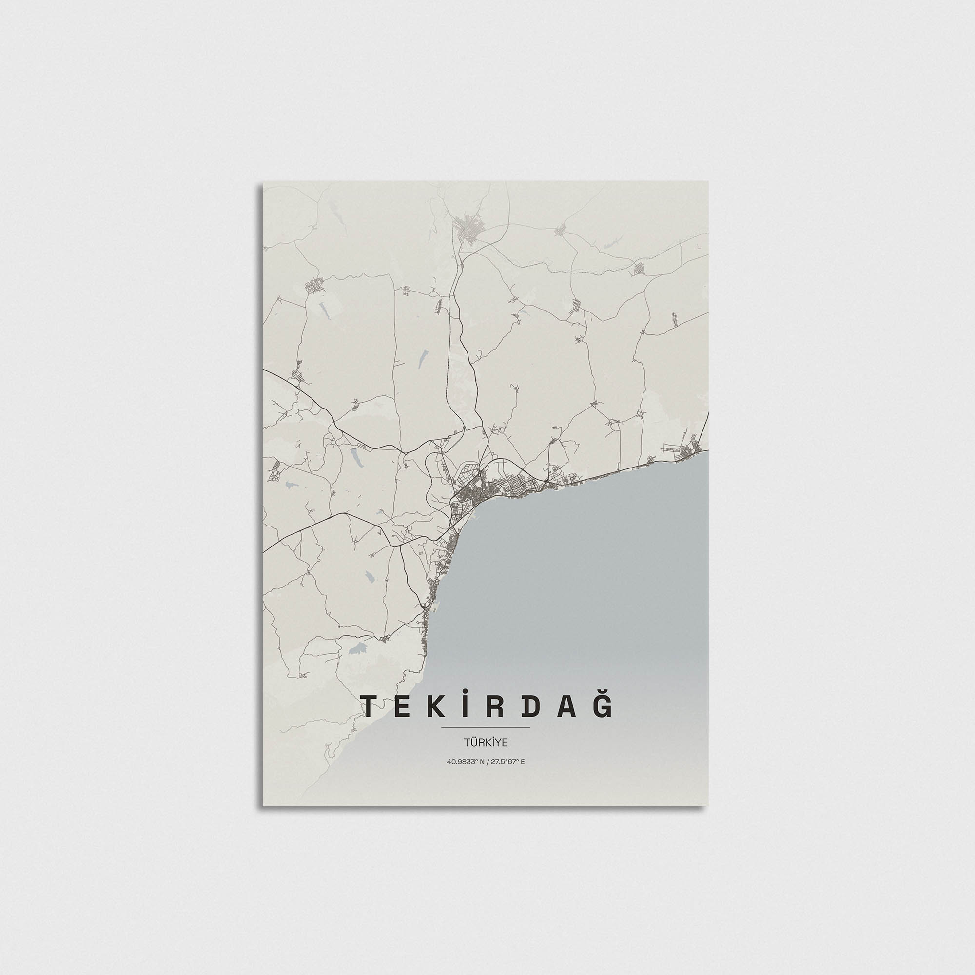 Tekirdağ şehir haritası posteri, minimalist tasarım, modern duvar dekorasyonu için şık ve estetik bir tablo.