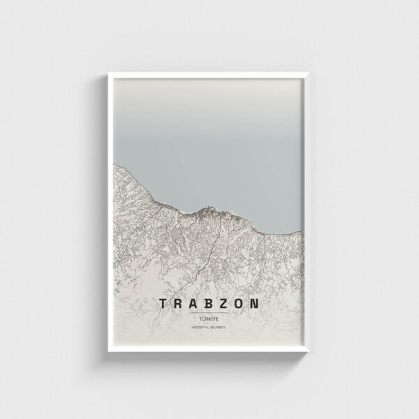 Beyaz çerçeveli Trabzon şehir haritası posteri, minimalist duvar dekorasyonu.