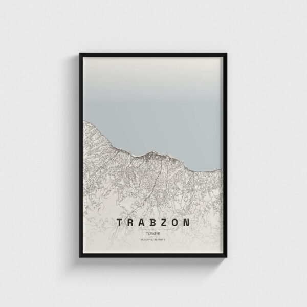 Siyah çerçeveli Trabzon şehir haritası posteri, modern duvar dekorasyonu.