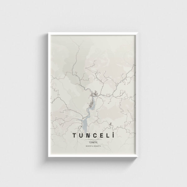 Beyaz çerçeveli Tunceli şehir haritası posteri, minimalist duvar dekorasyonu.