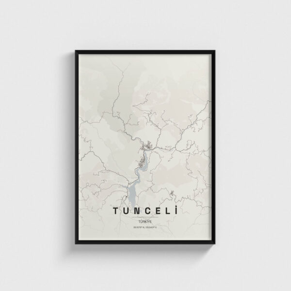 Tunceli şehir haritası tasarımlı, siyah çerçeveli modern duvar tablosu.