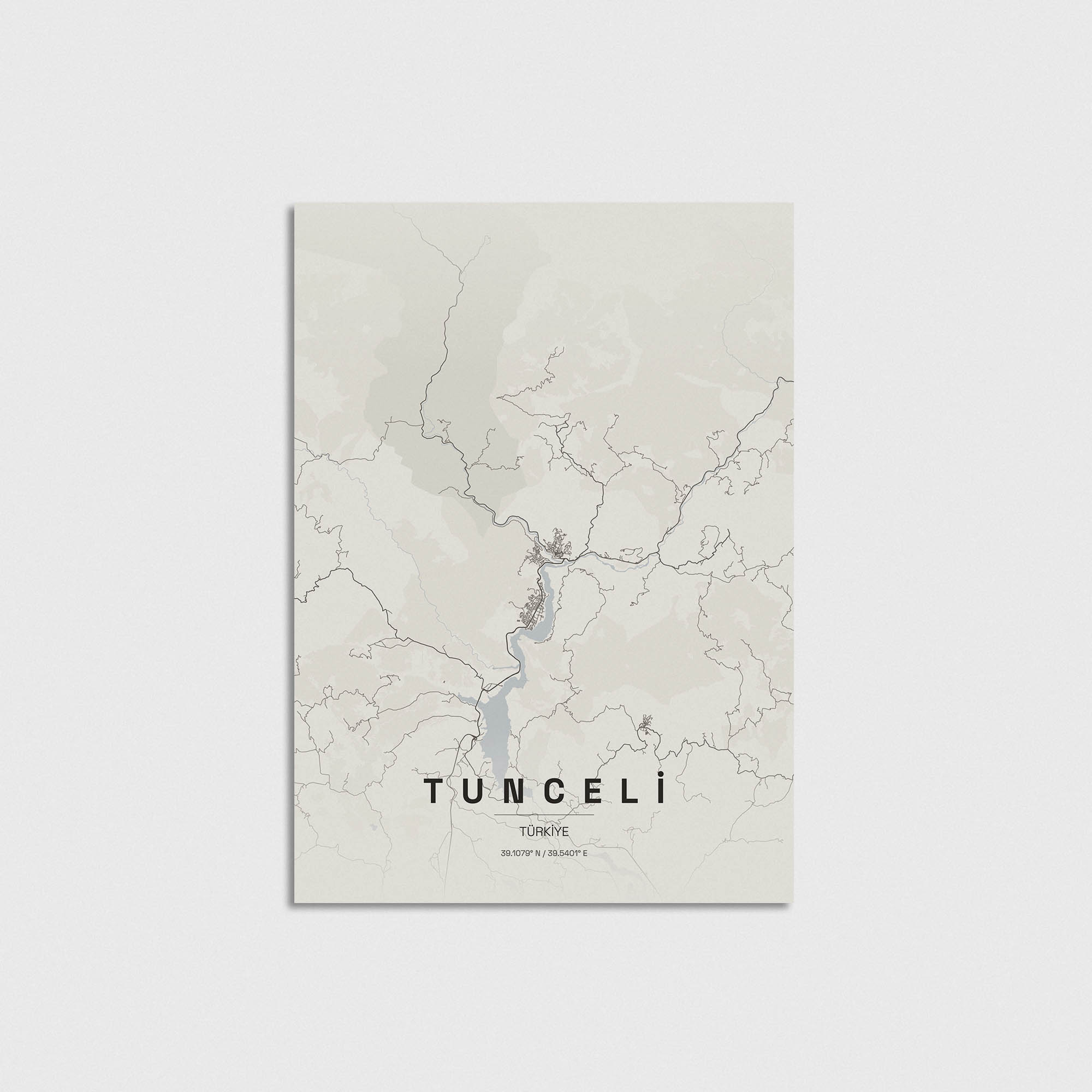 Minimalist Tunceli şehir haritası posteri, modern duvar dekorasyonu için şık ve estetik tasarım.
