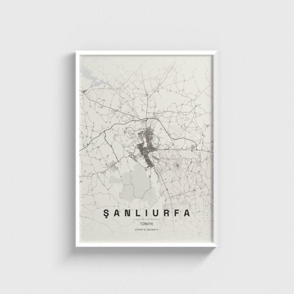 Beyaz çerçeveli Şanlıurfa şehir haritası posteri, minimalist duvar dekorasyonu.