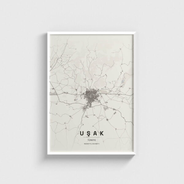 Beyaz çerçeveli Uşak şehir haritası posteri, minimalist duvar dekorasyonu.