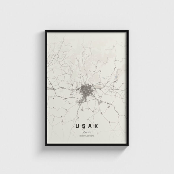 Siyah çerçeveli Uşak şehir haritası posteri, minimalist duvar dekorasyonu.