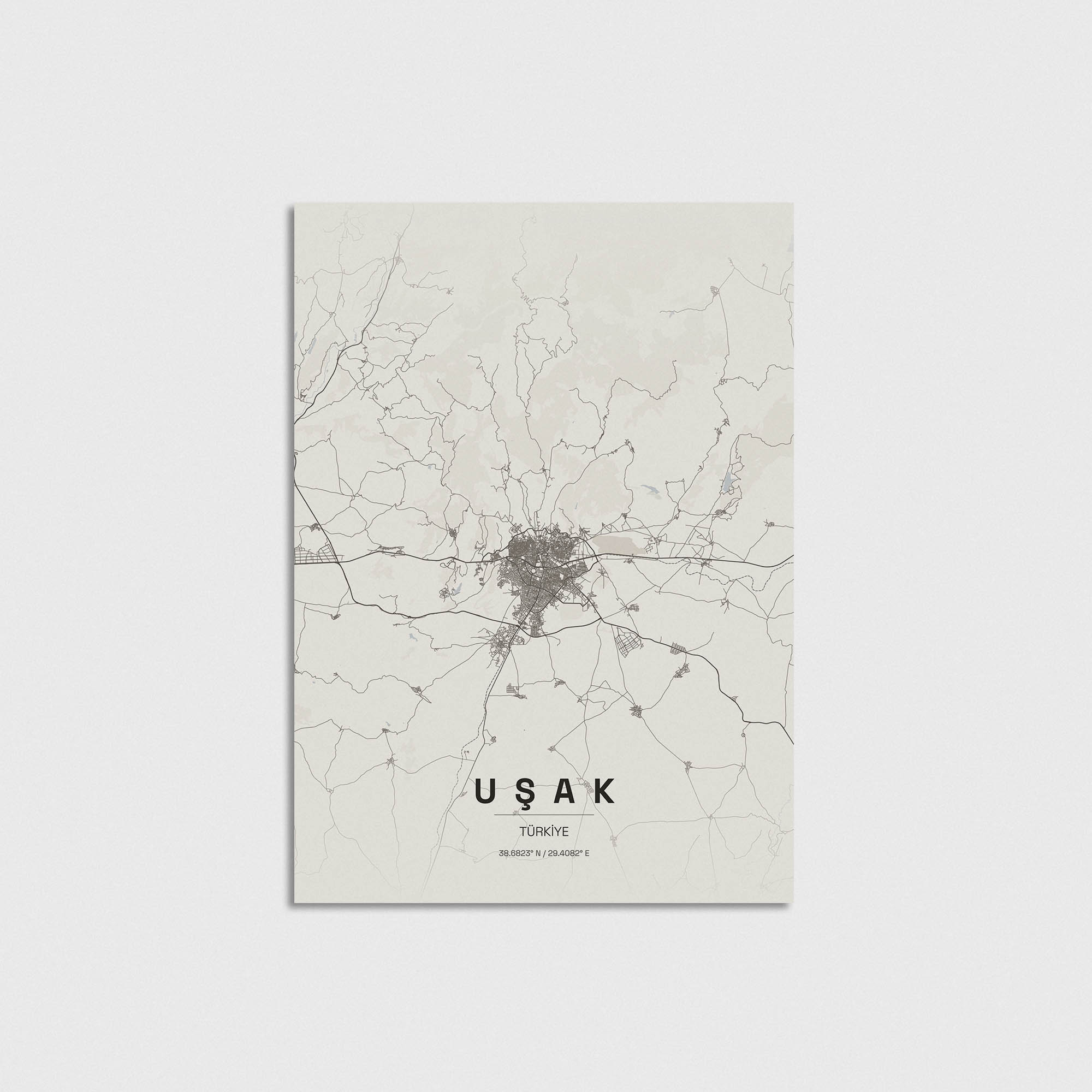 Uşak şehir haritası posteri, minimalist tasarım, dekoratif duvar sanatı.