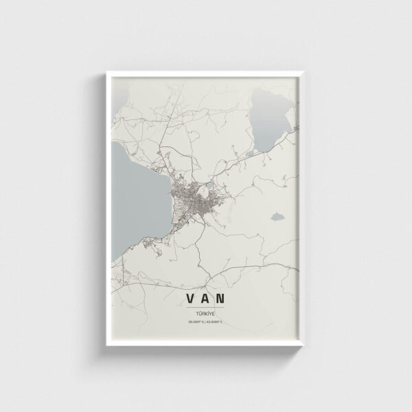 Beyaz çerçeveli Van şehir haritası posteri, minimalist duvar dekorasyonu.