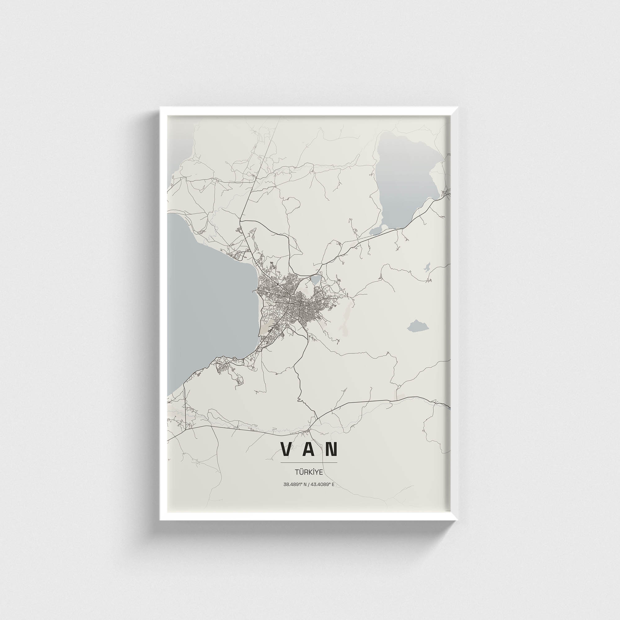 Beyaz çerçeveli Van şehir haritası posteri, minimalist duvar dekorasyonu.