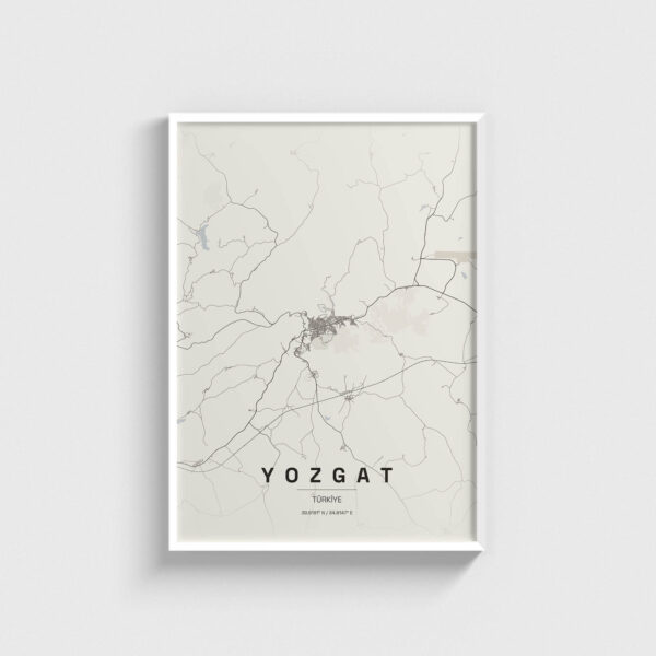 Beyaz çerçeveli Yozgat şehir haritası posteri, minimalist duvar dekorasyonu.